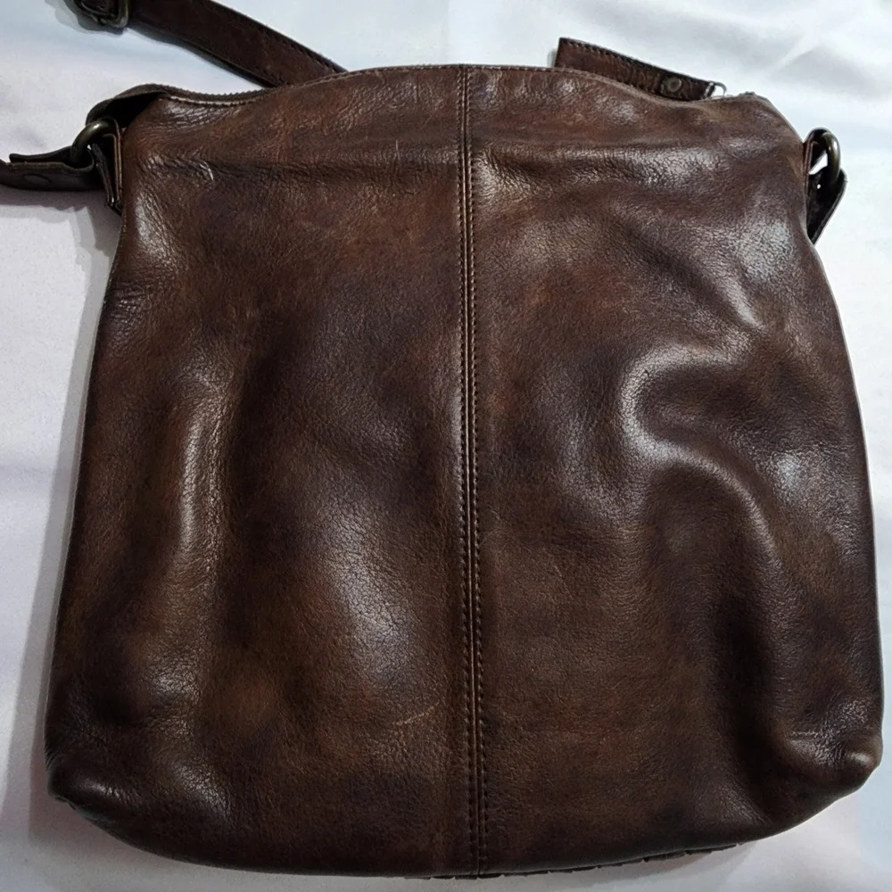 VTG Brown Woven Leather Crossbody‎ Bag Studded Boho Messenger Made in India READ